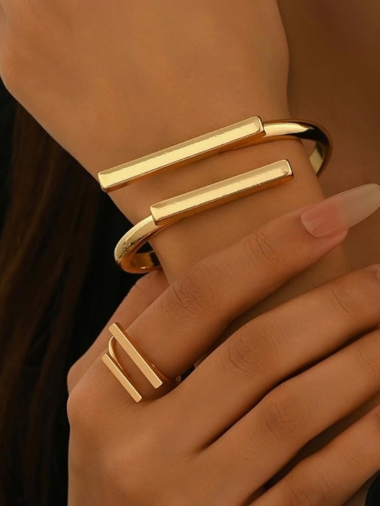 Anthropologie Jewelry - Architectural Parallel Bar Open Cuff Bracelet and Adjustable Ring Set